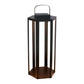 The Joyce Solar Lantern Collection features a hexagonal black metal LED lantern with open sides, a flat top, and a slim handle for easy carrying—perfect for modern outdoor lighting and stylish lantern enthusiasts.