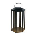 The Joyce Solar Lantern Collection features a hexagonal black metal lantern with open sides, flat base, and top handle—perfect for outdoor lighting or as a stylish solar LED accent.