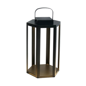 The Joyce Solar Lantern Collection features a hexagonal black metal lantern with open sides, flat base, and top handle—perfect for outdoor lighting or as a stylish solar LED accent.
