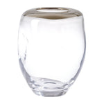 The Platinum Rim Organic Vase features a clear, oval shape with a narrow opening and platinum rim, standing elegantly on a white background.
