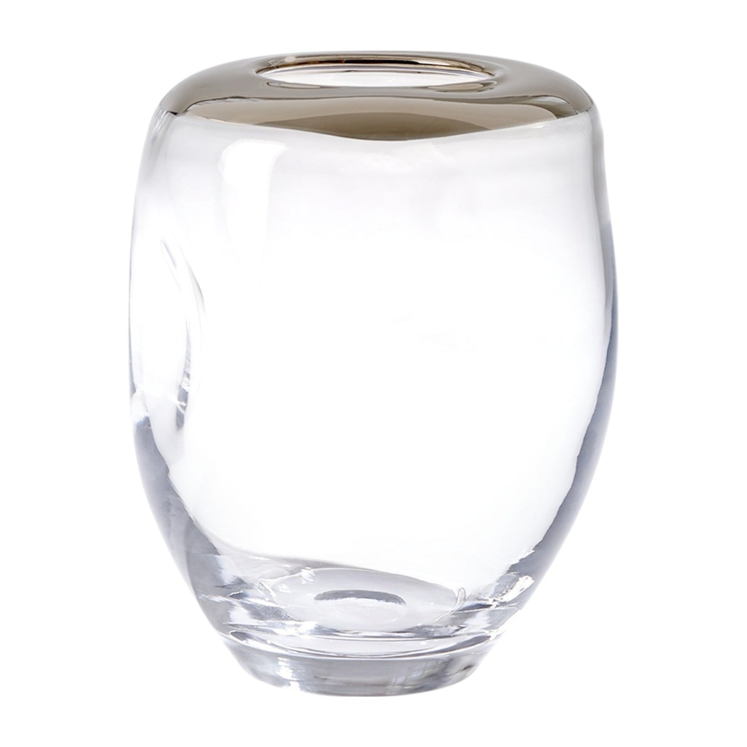 The Platinum Rim Organic Vase features a clear, oval shape with a narrow opening and platinum rim, standing elegantly on a white background.