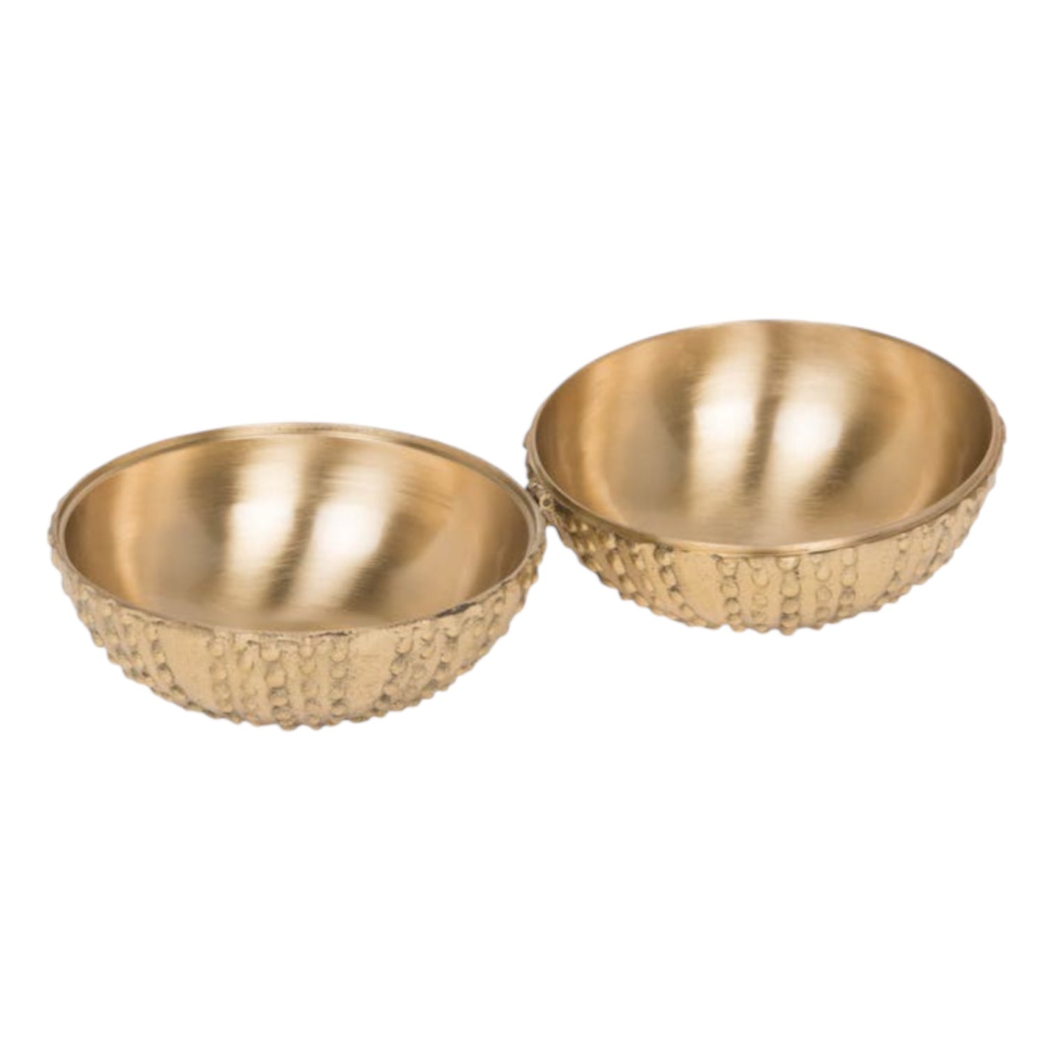Two Obelia Sea Urchin bowls in gold brass, featuring a textured sea urchin-inspired exterior and smooth interior, are placed side by side on a white background.