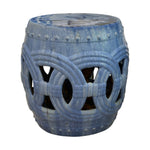 The Large Circle Garden Stool in Blue features a glazed ceramic finish with interlocking circle cutouts, giving it an antique look inspired by traditional dragon kiln craftsmanship.