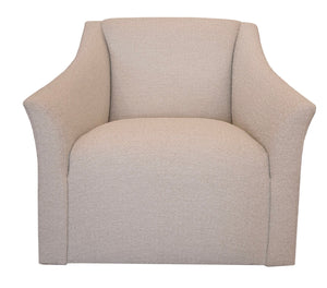 A beige upholstered armchair with a curved backrest and splayed arms, featuring a woven fabric texture. Measuring 35" x 37" x 31", the Justine Swivel Chair fabric finish adds a touch of elegance.