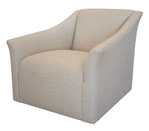 A Justine Swivel Chair with a curved back and armrests, featuring a fabric finish in Teresina Natural. Presenting a minimalist and modern design, this chair measures 35" x 37" x 31".