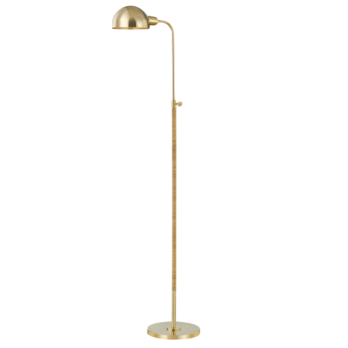 The Devon Floor Lamp has a gold finish, round base, slim adjustable stand, and dome-shaped shade—blending timeless design with quality craftsmanship.