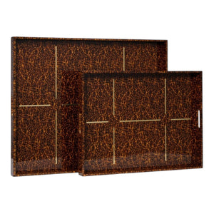 Two Milton Rectangular XL Trays in High Gloss Faux Tortoise, one slightly larger than the other, are shown side by side, each featuring a brown faux tortoise pattern with gold brass inlay.