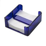 A collection from Mario Luca Giusti features white napkins elegantly displayed in a blue, rectangular Caspar Acrylic napkin holder, offering a modern design.