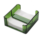 Modern green transparent holder from the Mario Luca Giusti Caspar Acrylic Napkin Holder Collection, with white napkins inside, placed on a reflective surface, exuding sophisticated design.