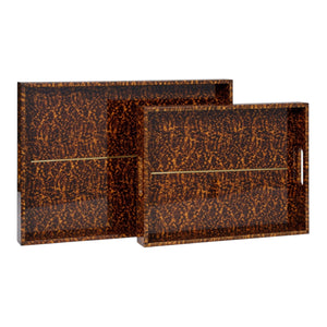 The Milton Rectangular Tray in High Gloss Faux Tortoise Small features a rich brown faux tortoise pattern, short side handles, and a subtle brass inlay for an elegant touch.