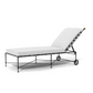 The Amalfi Chaise Lounge features a white cushion, black metal frame, adjustable backrest, and rear wheels for easy mobility—perfect poolside furniture inspired by subtle Etruscan design.