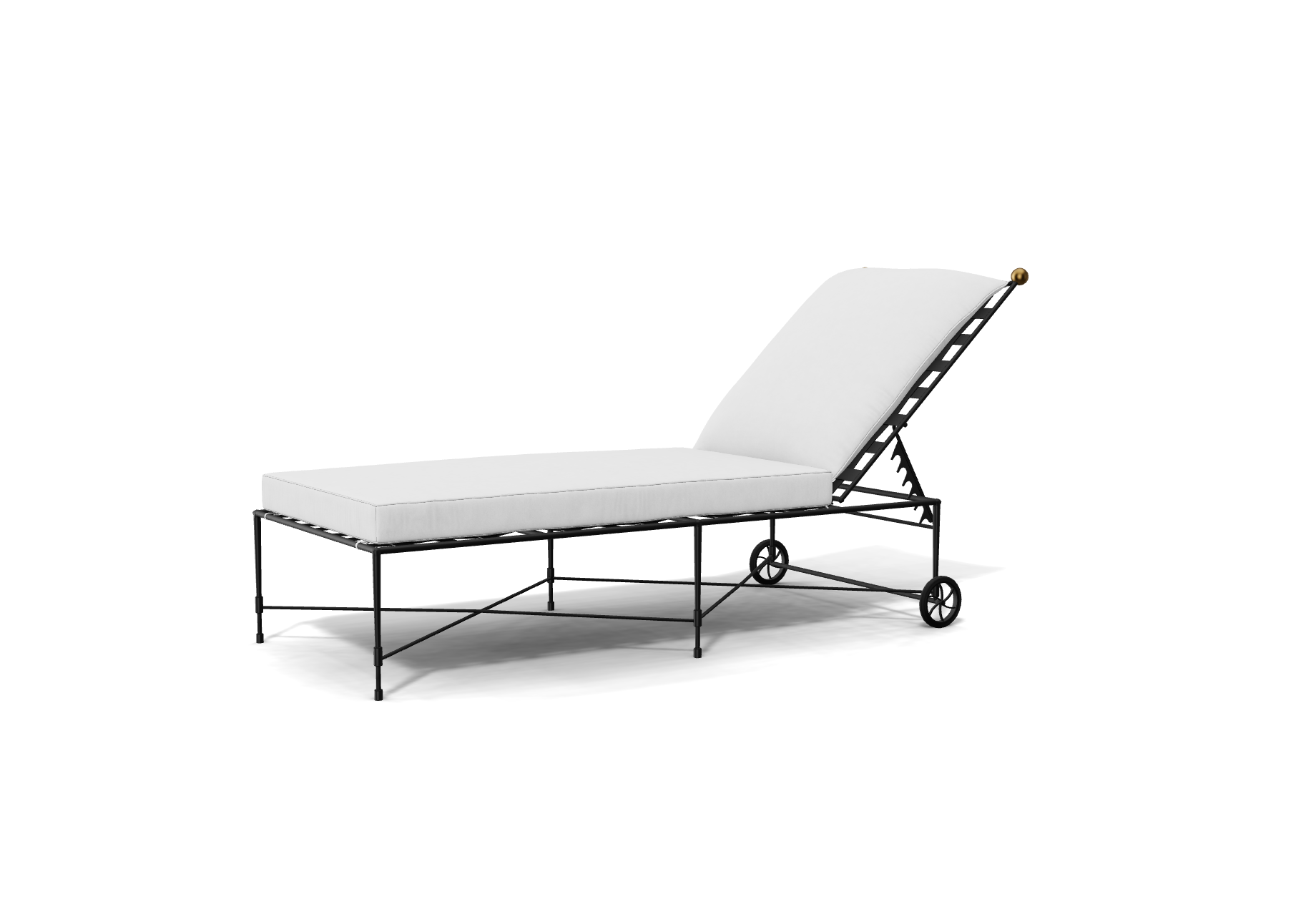 The Amalfi Chaise Lounge features a white cushion, black metal frame, adjustable backrest, and rear wheels for easy mobility—perfect poolside furniture inspired by subtle Etruscan design.