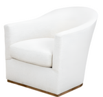 The Barrel Swivel Chair features a rounded back, custom white upholstery, and a wooden base, shown here against a white background.