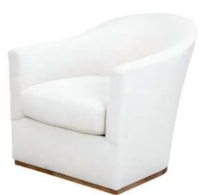 The Barrel Swivel Chair features a rounded back, custom white upholstery, and a wooden base, shown here against a white background.