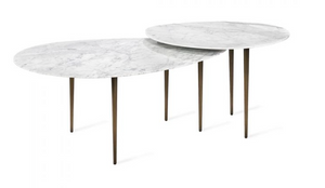 Two Alexia Bunching Cocktail Tables with Carrara white marble tops and slim dark legs are overlapped, showcasing a mid-century modern style.