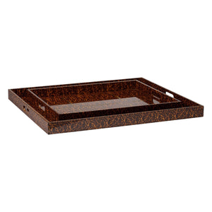 Milton Rectangular XL Tray in High Gloss Faux Tortoise Large, featuring cut-out handles on the shorter sides and a subtle brass inlay design, is shown against a white background.