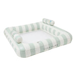 Relax in style with the SUNNYLiFE Luxe Twin Hammock Float—an oversized rectangular float with white and light green stripes, mesh center, and dual cylindrical headrests for ultimate comfort.