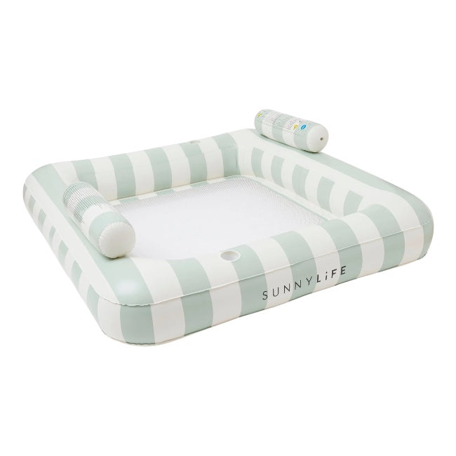 Relax in style with the SUNNYLiFE Luxe Twin Hammock Float—an oversized rectangular float with white and light green stripes, mesh center, and dual cylindrical headrests for ultimate comfort.