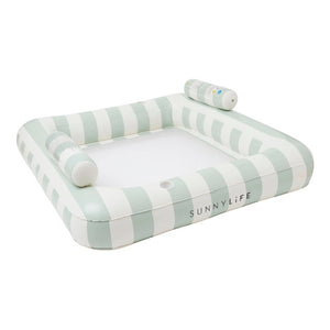 Relax in style with the SUNNYLiFE Luxe Twin Hammock Float—an oversized rectangular float with white and light green stripes, mesh center, and dual cylindrical headrests for ultimate comfort.