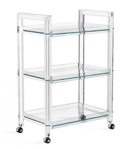 The Ava Acrylic Bar Cart boasts a clear acrylic and glass three-tier rectangular design with four caster wheels, shown on a white background.