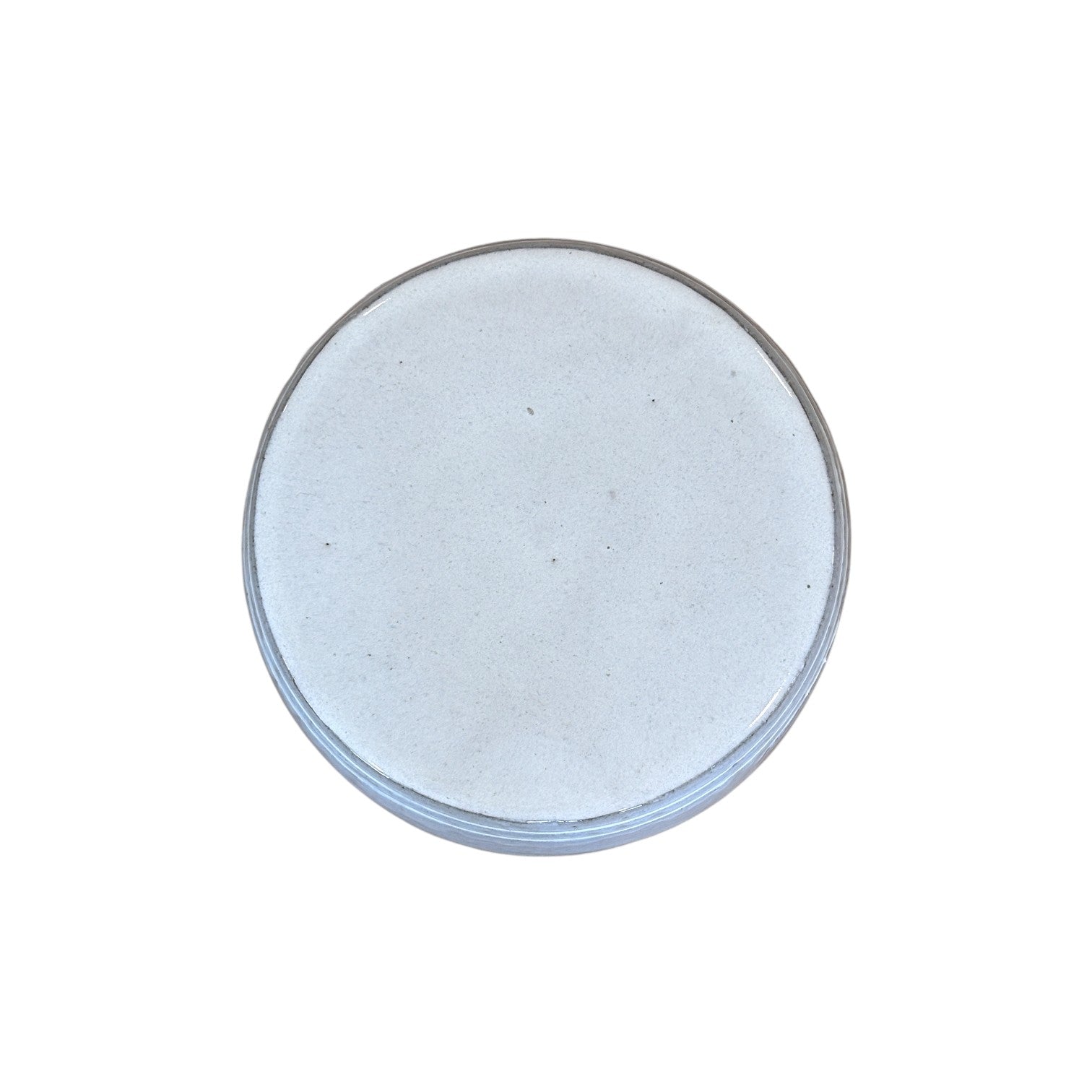 A round, flat White Barrel Stool in light gray is viewed from above against a white background, evoking the look of fine porcelain garden stools.