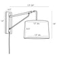 Line drawing of the Anthony Sconce Antique Brass: wall-mounted swing arm lamp extends 13"-34", shade is 8.5"H x 12"-13"Dia, wall plate is 14"H, total height 18". Perfect as a brass wall lamp or bedside reading light.