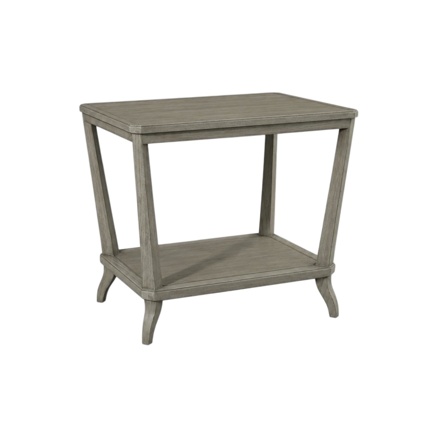 The Rye Rectangular Side Table in Modern French Grey features an open lower shelf and gently tapered legs, all in a weathered stone finish for a contemporary look.