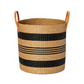 The Hudson Baskets feature tan and black horizontal stripes with two brown leather handles, making them a stylish addition to any home décor. Shown here on a plain white background.