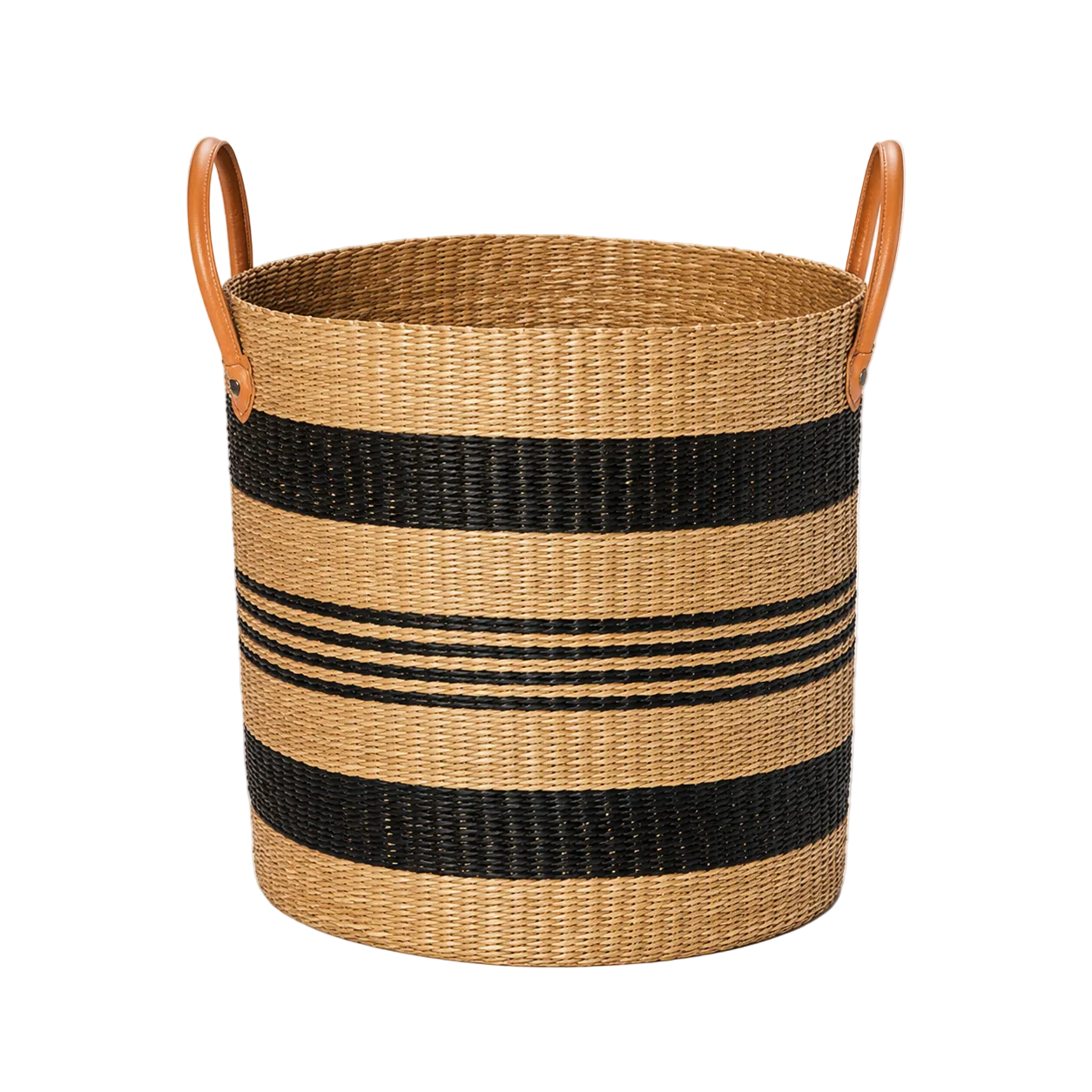 The Hudson Baskets feature tan and black horizontal stripes with two brown leather handles, making them a stylish addition to any home décor. Shown here on a plain white background.
