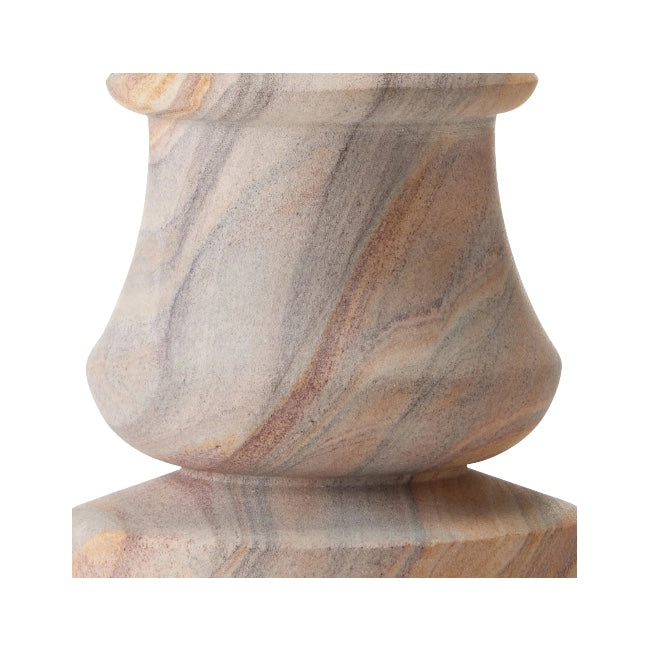 Close-up of the Petra Table Lamp in Rainbow Sandstone reveals a smooth, curved stone base with natural beige, brown, and gray veining, highlighting its elegant design.