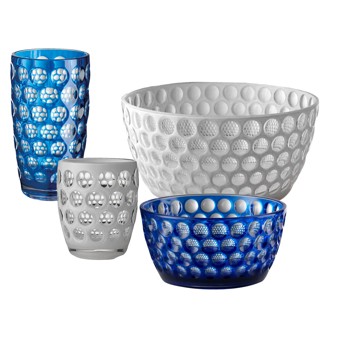 The Mario Luca Giusti Lente Acrylic Collection includes a set of four bowls and cups, two in blue and two in white, all with a textured bubble pattern that's ideal for outdoor entertaining.