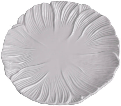 The Beatriz Ball VIDA Lettuce Dinner Collection features a white ceramic plate with a petal-like textured design, evoking naturalistic leaf details and adding an elegant touch to your table setting.