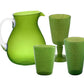 The Memento Acrylic Lime Collection features a green pitcher with a clear handle that pairs beautifully with three vibrant drinking glasses, including one stemmed option, making it ideal for adding elegance to outdoor dining occasions.