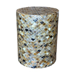 The Horn Scallop Stool features a cylindrical form with iridescent tiles in gold, brown, and cream that resemble fish scales—ideal for adding contemporary style and functional seating to any space.
