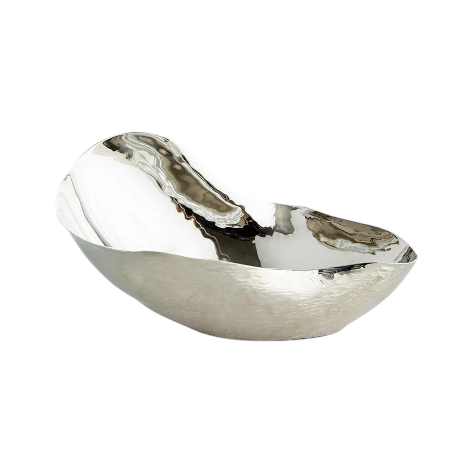 The Freeform Bowl is a reflective, asymmetrical serving bowl made of nickel-plated brass with a textured surface, shown on a white background.