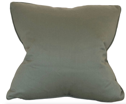 A square, olive green Lucido D'albano Pillow with slightly visible seams along the edges, crafted with special attention to detail, is shown against a white background.