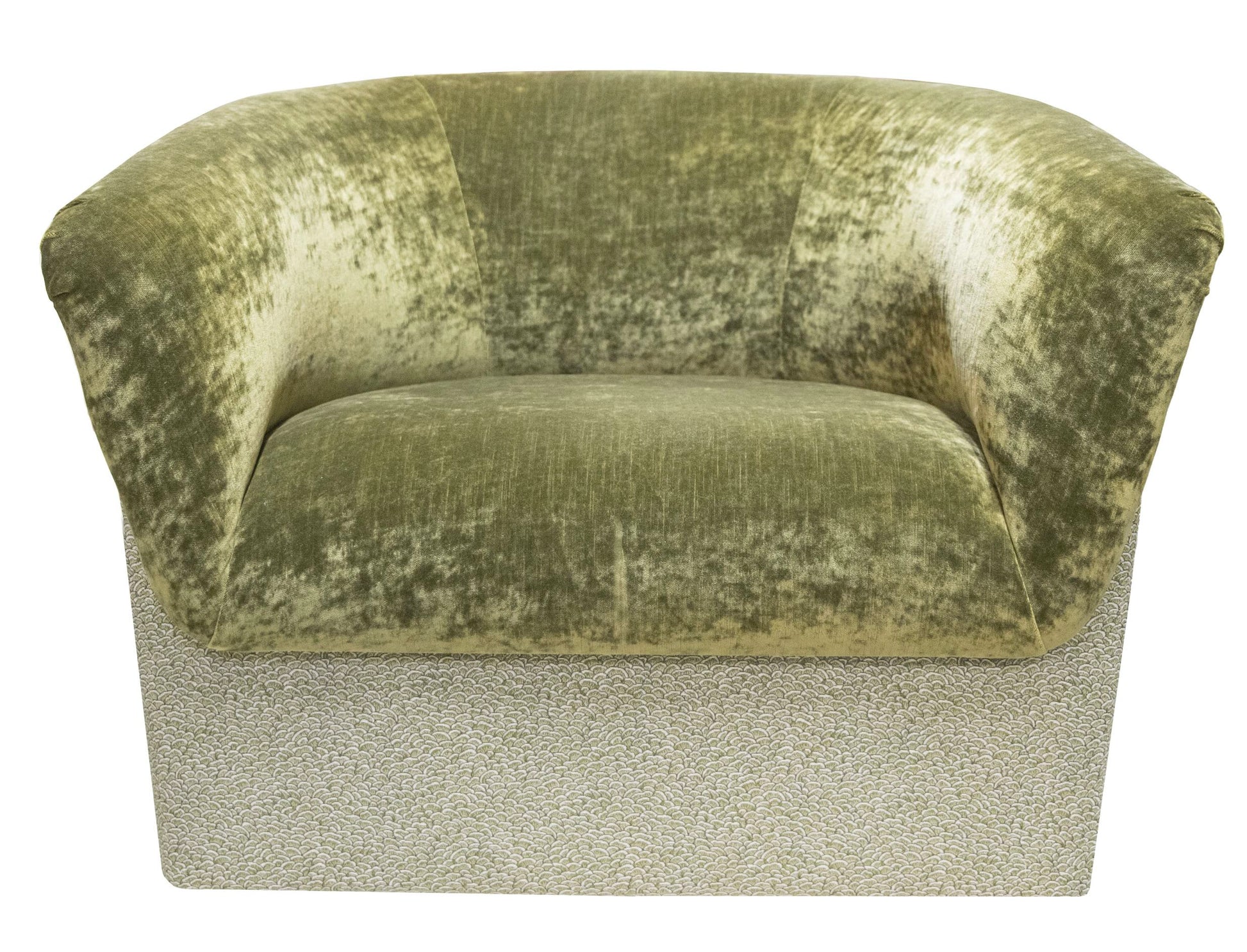 A Deco Rolled Arm Chair, this green velvet upholstered piece features a cushioned seat with a rounded backrest and a textured gray base, evoking the elegance of Art Deco design.