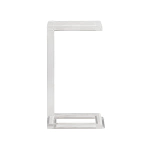 The Clark Acrylic Accent Table features a clear, C-shaped design with modern, minimalist style, adding a chic touch to any room. Shown against a white background.