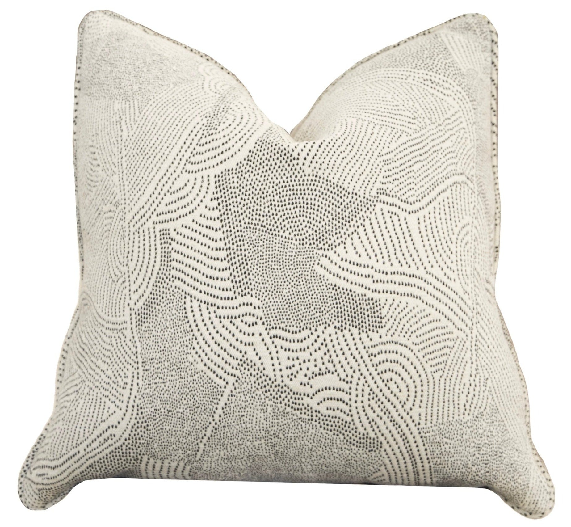 A Maralinga Ombre Pillow with a textured, abstract black and white dotted pattern, crafted from the finest materials.