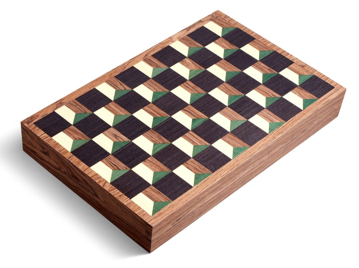 A rectangular wooden box with a checkered pattern on the lid, featuring alternating dark brown, beige, and green squares. Hand-crafted from natural wood, it evokes the elegance of a classic Matis Backgammon Set.