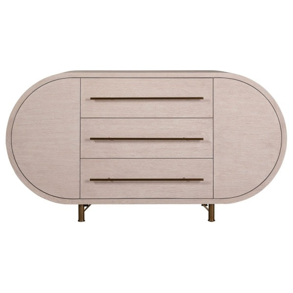 The Mullinex Low Cabinet features an oval shape in white rustic pine, three central drawers with long horizontal handles, four short metal legs, and ample storage for your essentials.