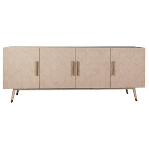 A rectangular wooden Davies Low Cabinet with a light finish, featuring four doors with gold-tone handles and a geometric pattern. This hand-crafted cabinet stands on four angled legs, adding a modern furniture touch.