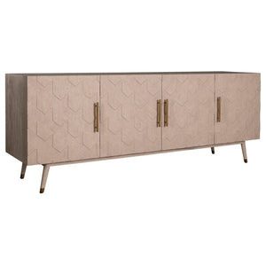 The Davies Low Cabinet is a modern beige hand-crafted cabinet with four textured doors, each featuring vertical gold handles, and standing on angled legs.