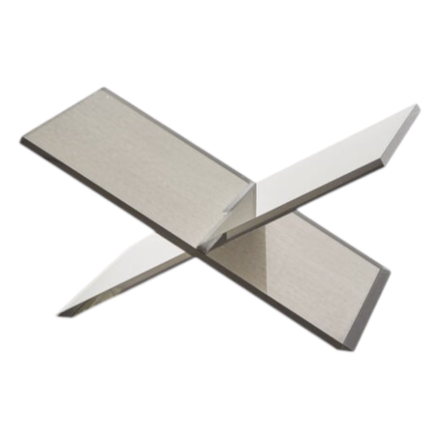 Two clear lucite panels with silver accents intersect diagonally on a white background, creating an X-shaped, minimalist silhouette inspired by the Lucite Silver Book Stand’s modern, durable design.