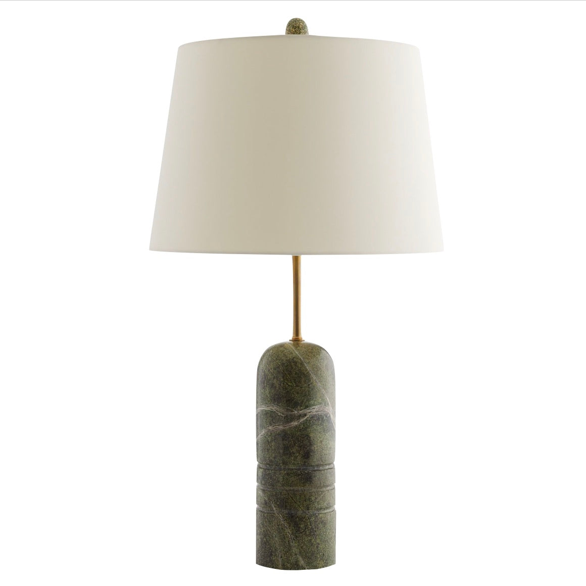 The Mendoza Table Lamp features a white tapered lampshade, brass stem, and a rounded green stone base with carved horizontal lines for an elegant touch.