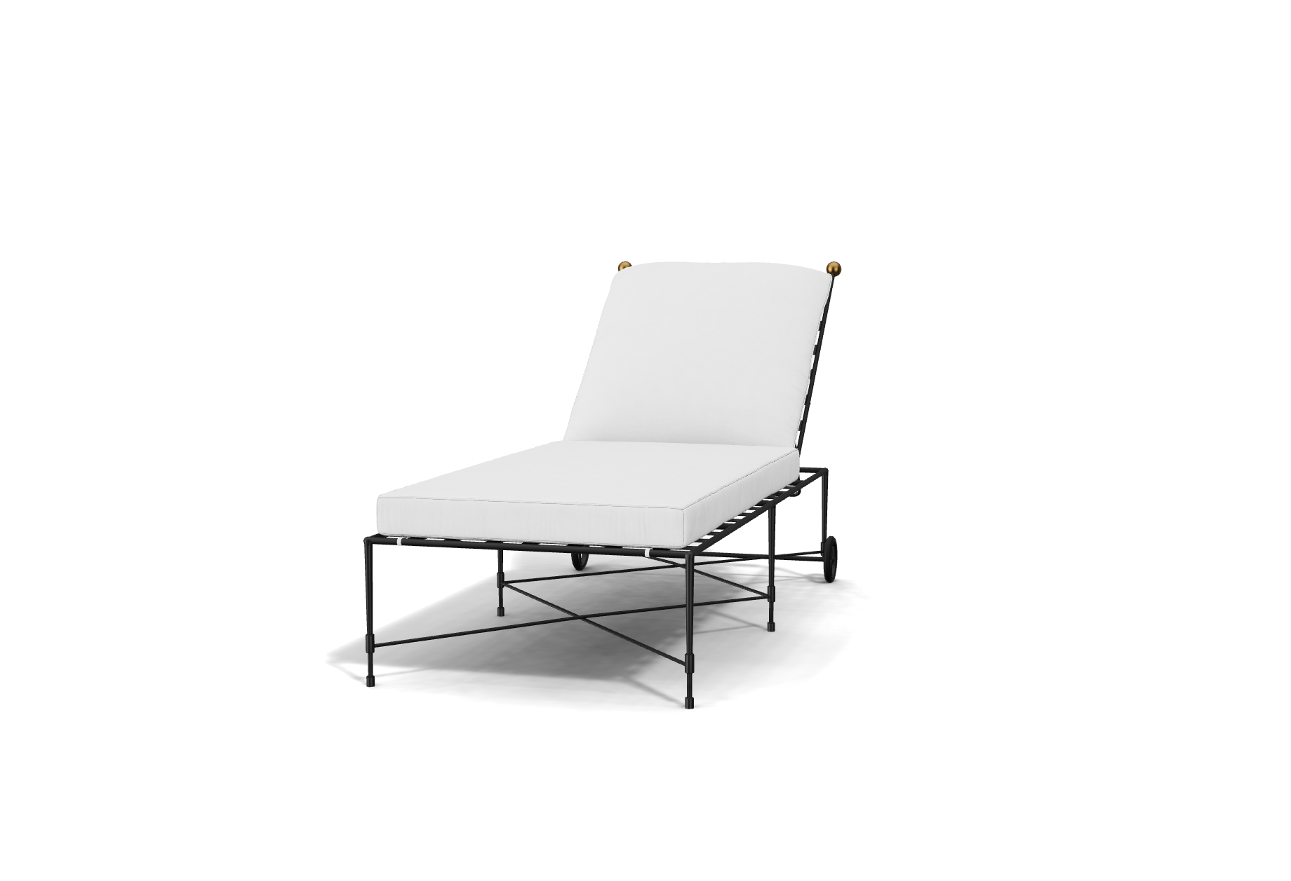 The Amalfi Chaise Lounge features a white cushion, black metal frame, and gold accents inspired by Etruscan design, displayed against a plain white background.
