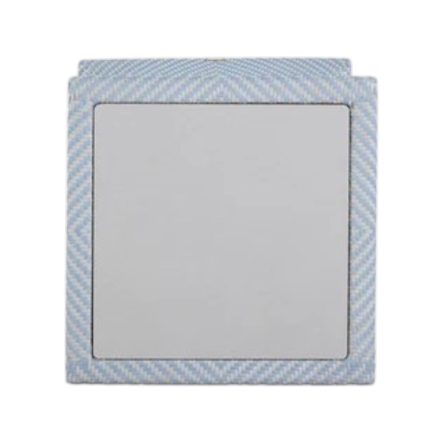 The Bari Square End Table in Chambray features a blue and white diagonal checkered design, crafted from weather-resistant porcelain, and is shown against a white background.