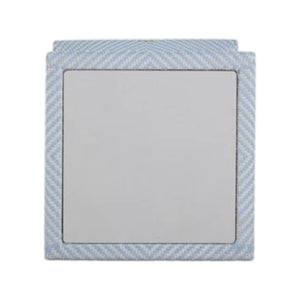 The Bari Square End Table in Chambray features a blue and white diagonal checkered design, crafted from weather-resistant porcelain, and is shown against a white background.