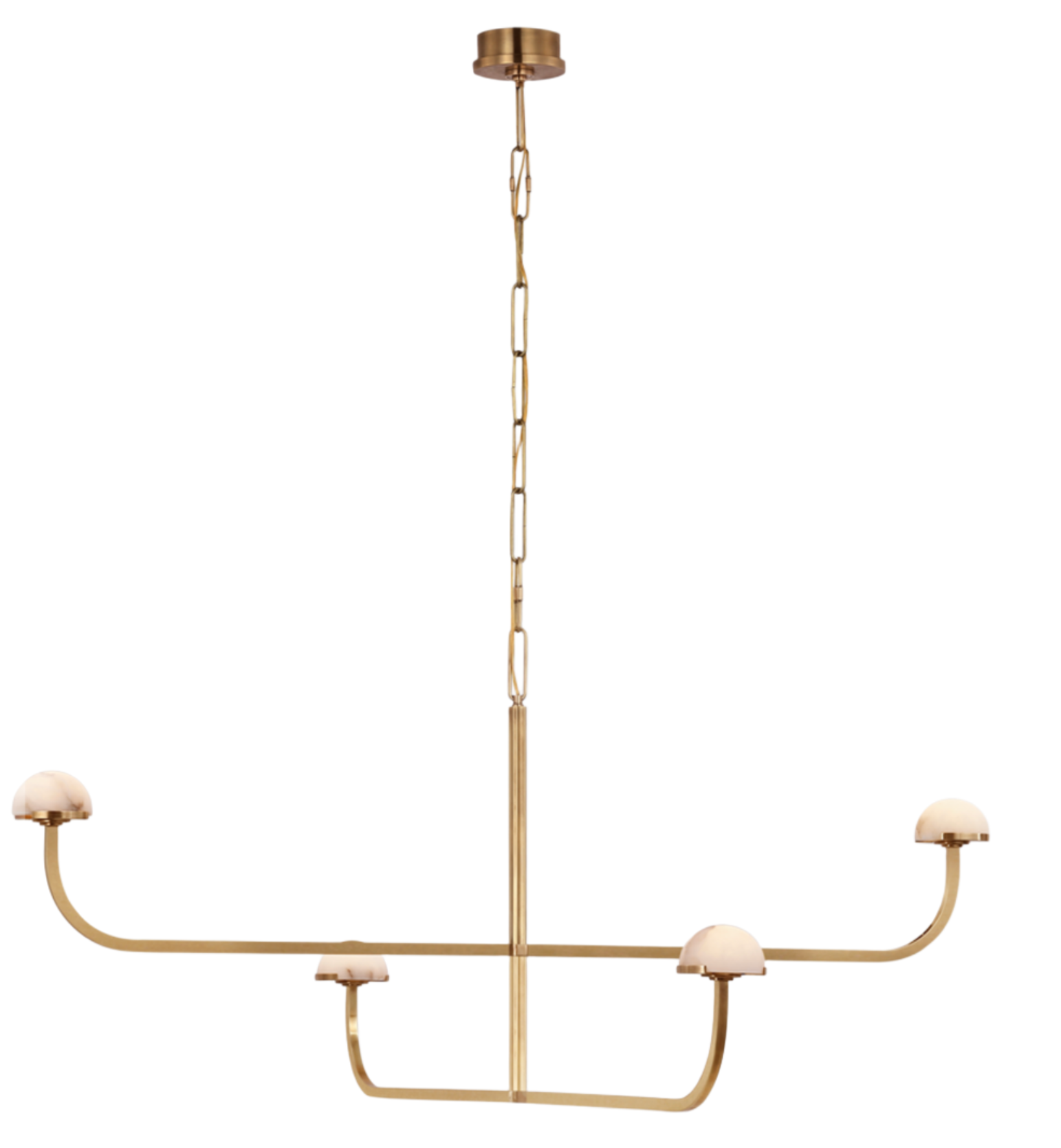 A Pedra Two Tier Shallow Chandelier, Antique Brass, with a gold finish, featuring a central rod and three elegant metal forms ending in small white dome-shaped lights, accented with subtle alabaster touches.