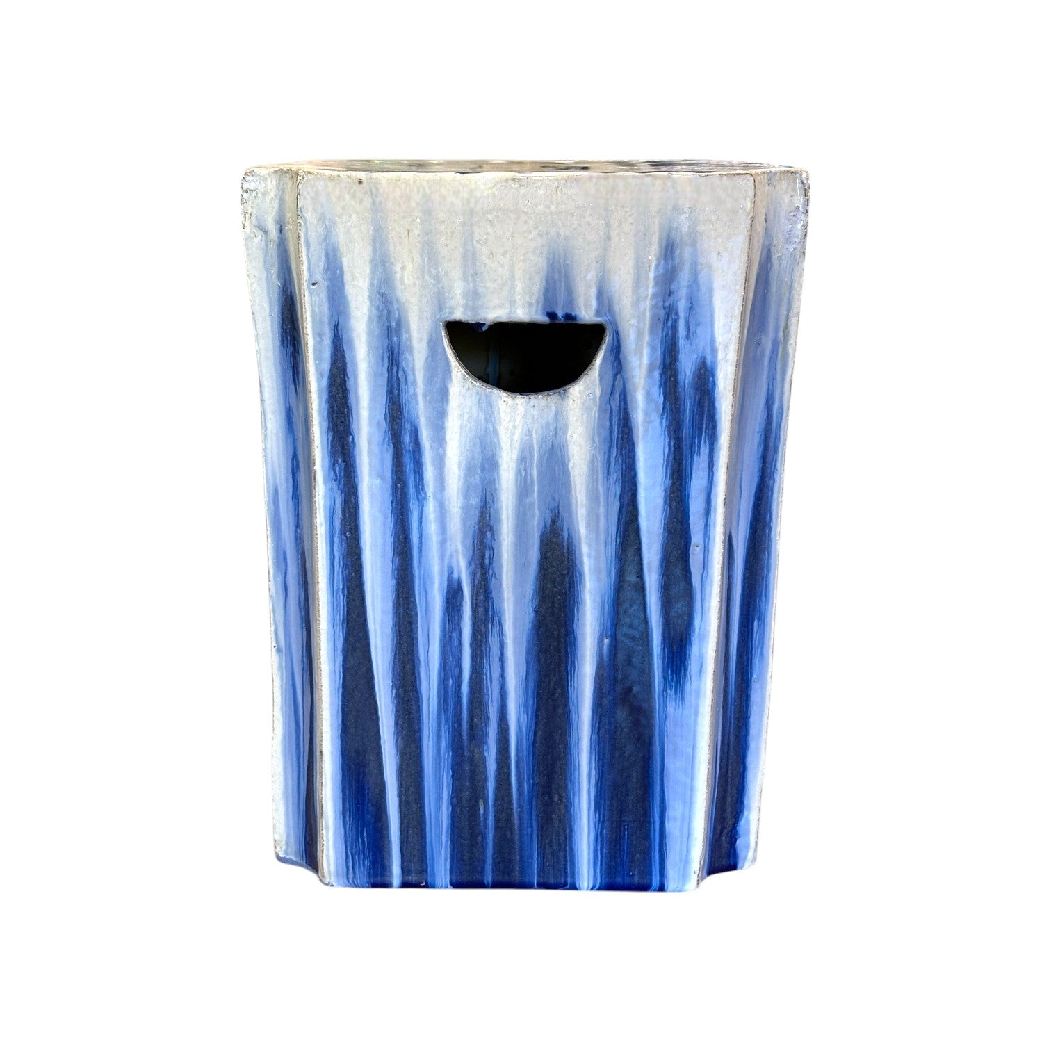 The White and Blue Square Garden Stool features an antique-style blue and white vertical striped pattern with a rounded rectangular cutout handle, adding rustic charm to any space.